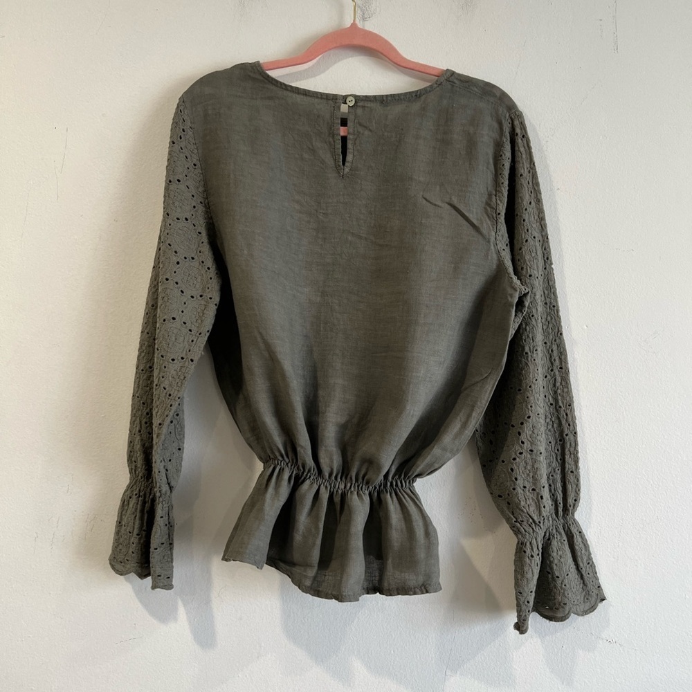 FRANCESCA BETTINI olive Women's Blouse with Lace Sleeves made in ITALY. L - Picture 2 of 10